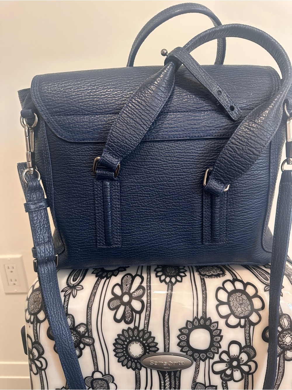 3.1 Phillip Lim Navy Textured Leather Satchel with Adjustable Strap - Picture 3 of 5